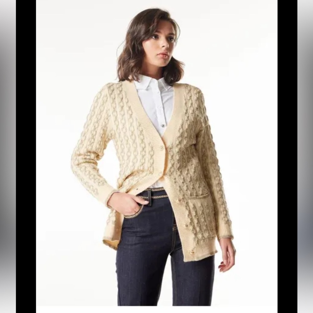Retro Crochet Metallic Sweater Metallic Cardigan Sweater Set Crochet Cream